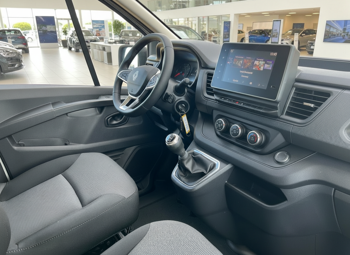 Renault Trafic Innenraum mit Lenkrad, Schaltgetriebe und Touchscreen-Infotainment im Autohaus