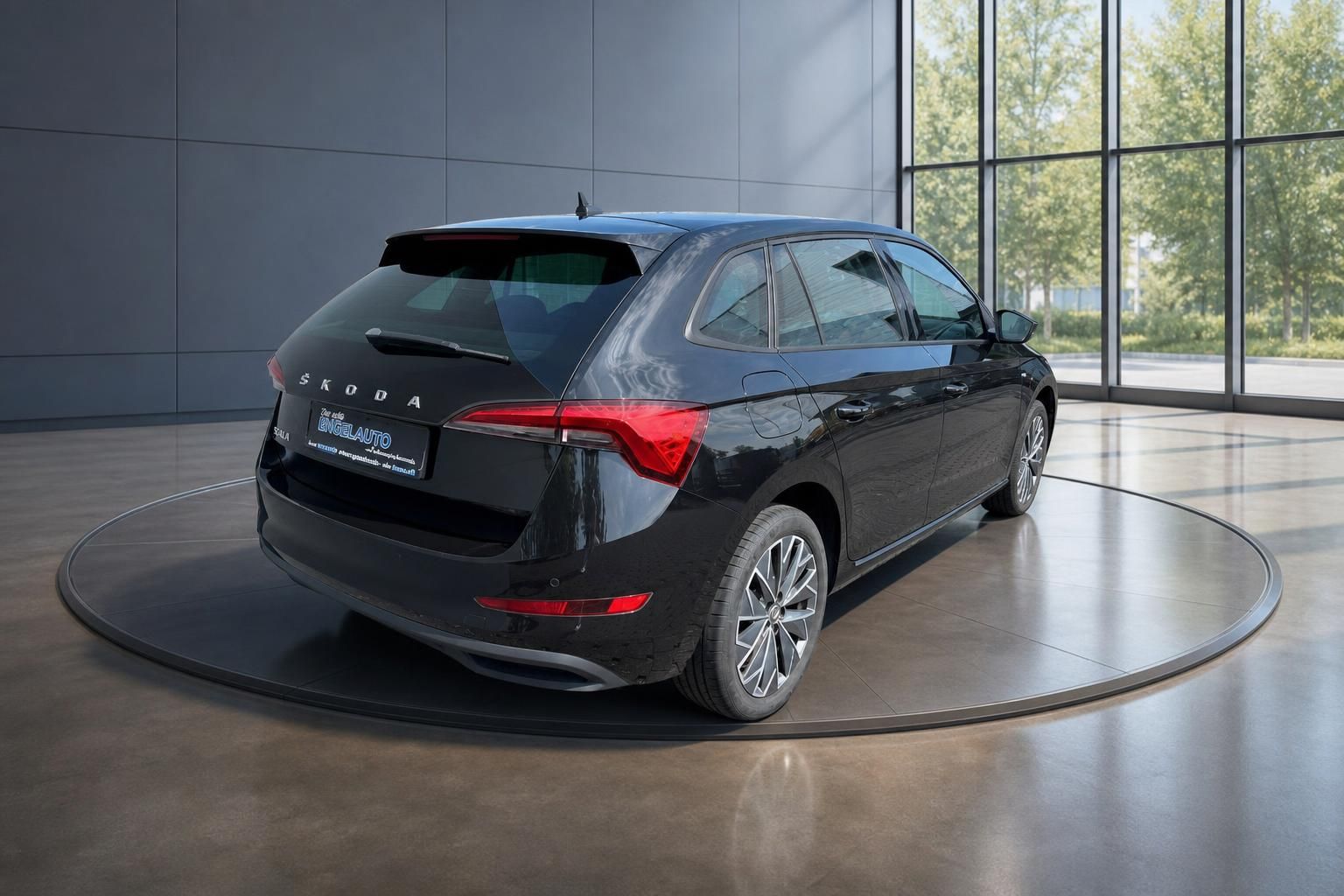 Skoda Scala schwarz Heckansicht schraeg im Showroom