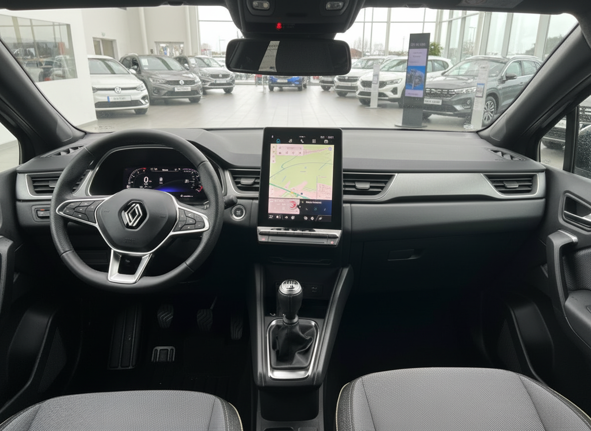 Renault Clio Innenraum mit digitalem Cockpit, großem Touchscreen-Navigationssystem und manuellem Getriebe