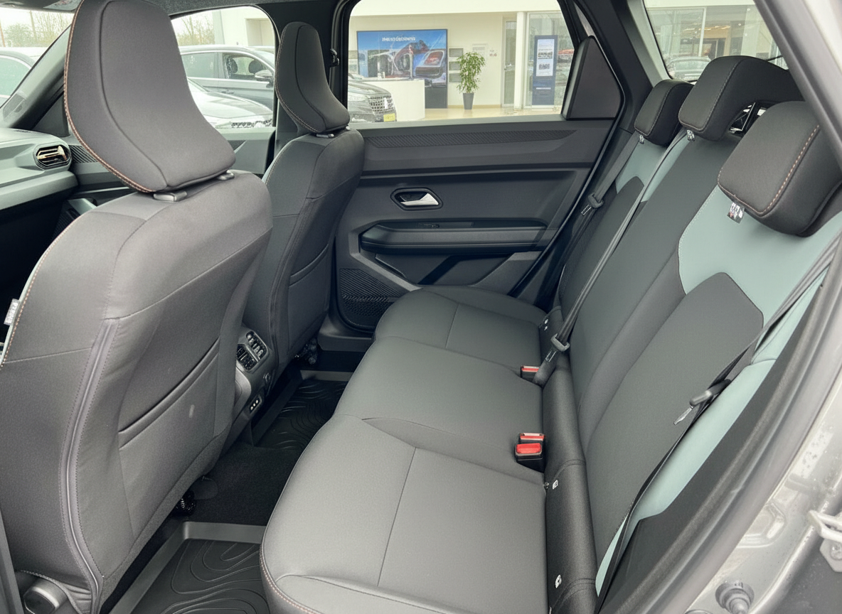 Geräumiger Fahrzeuginnenraum mit schwarzen Ledersitzen und modernem Design – Rücksitzbereich
