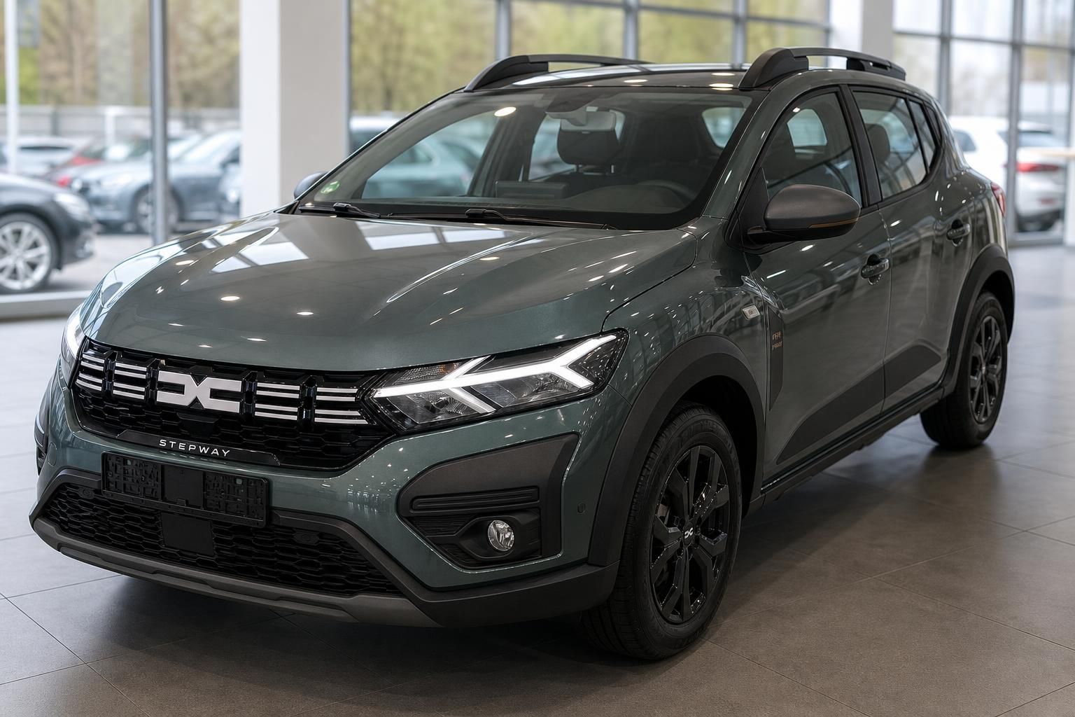 Grauer Dacia Sandero Stepway SUV Dreiviertelansicht vorne im Autohaus Showroom