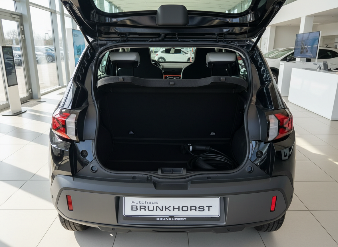 Schwarzer Opel Corsa Electric Kofferraum geöffnet im Autohaus Brunkhorst
