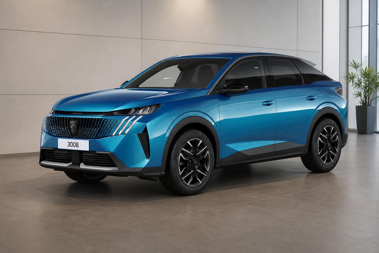 Peugeot 3008 blau Frontansicht im modernen Autohaus