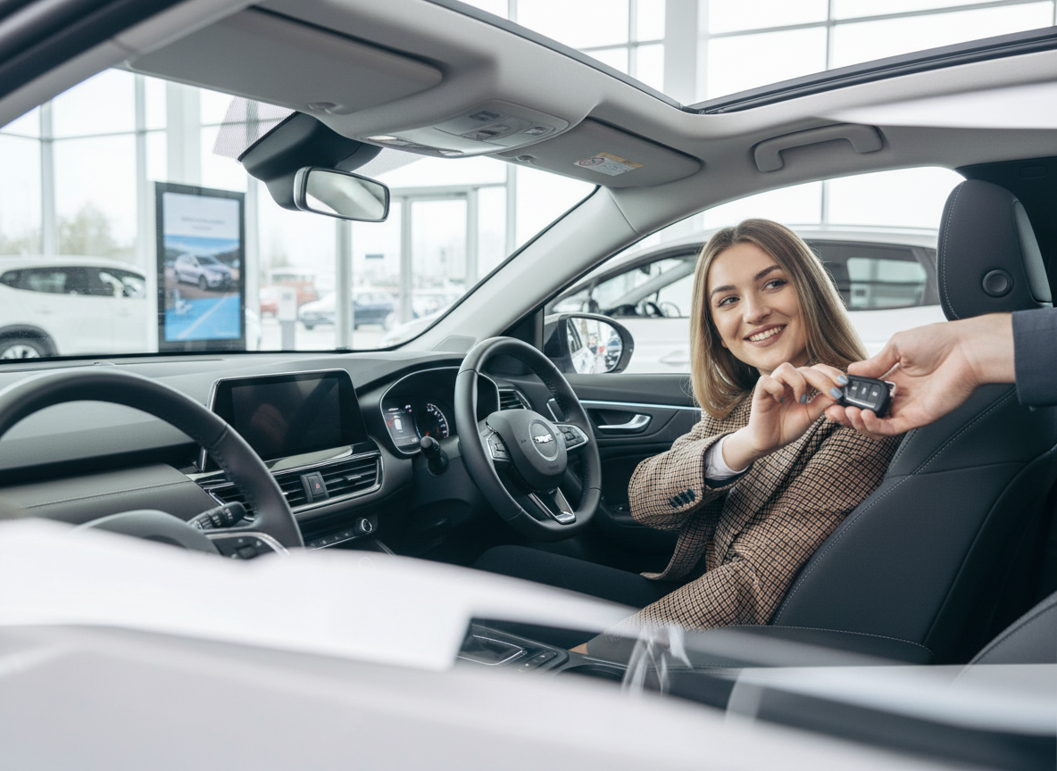 Frau sitzt im Fahrzeuginnenraum eines modernen PKW und empfängt Autoschlüssel im Autohaus