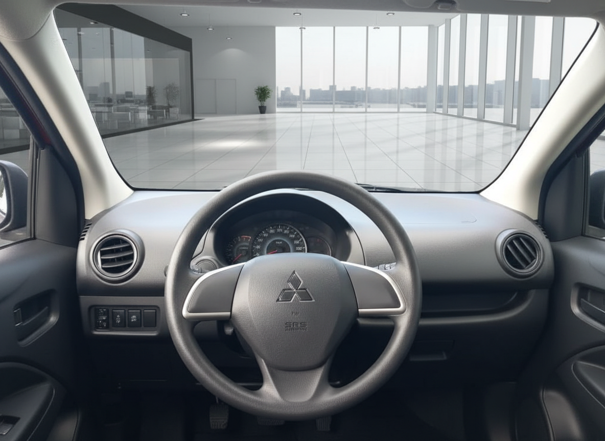 Mitsubishi Innenraum mit Lenkrad, Armaturenbrett und Instrumentencluster in modernem Showroom