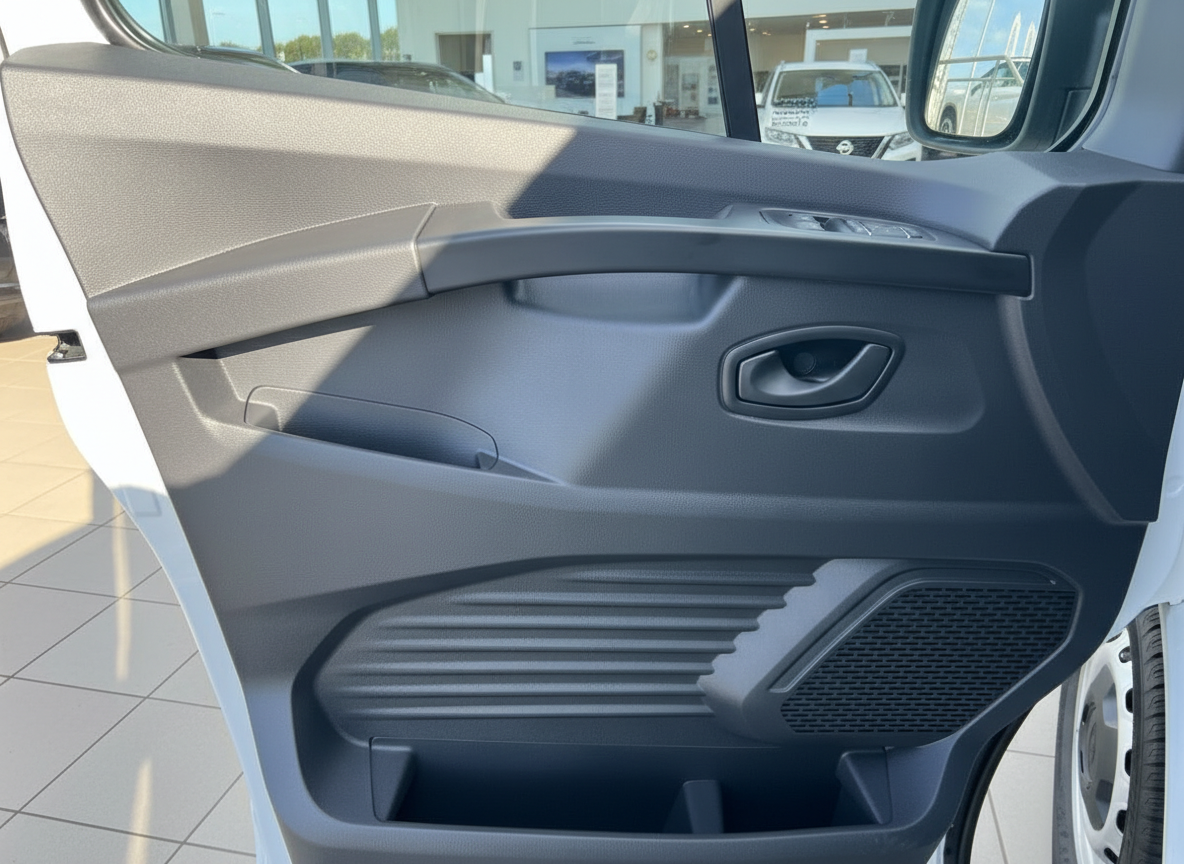 Fahrzeugtür Innenansicht mit grauem Türverkleidung, Türgriff und Lautsprecher