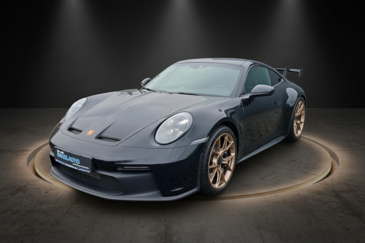 Porsche 911 GT3 992 in Grau mit Goldfelgen – Sportcoupé Seitenansicht