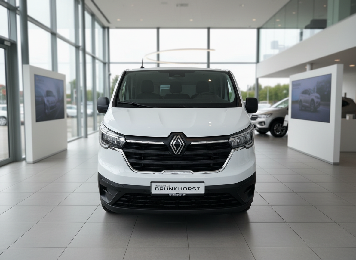 Weißer Renault Trafic Kastenwagen Frontansicht im Autohaus Brunkhorst Showroom