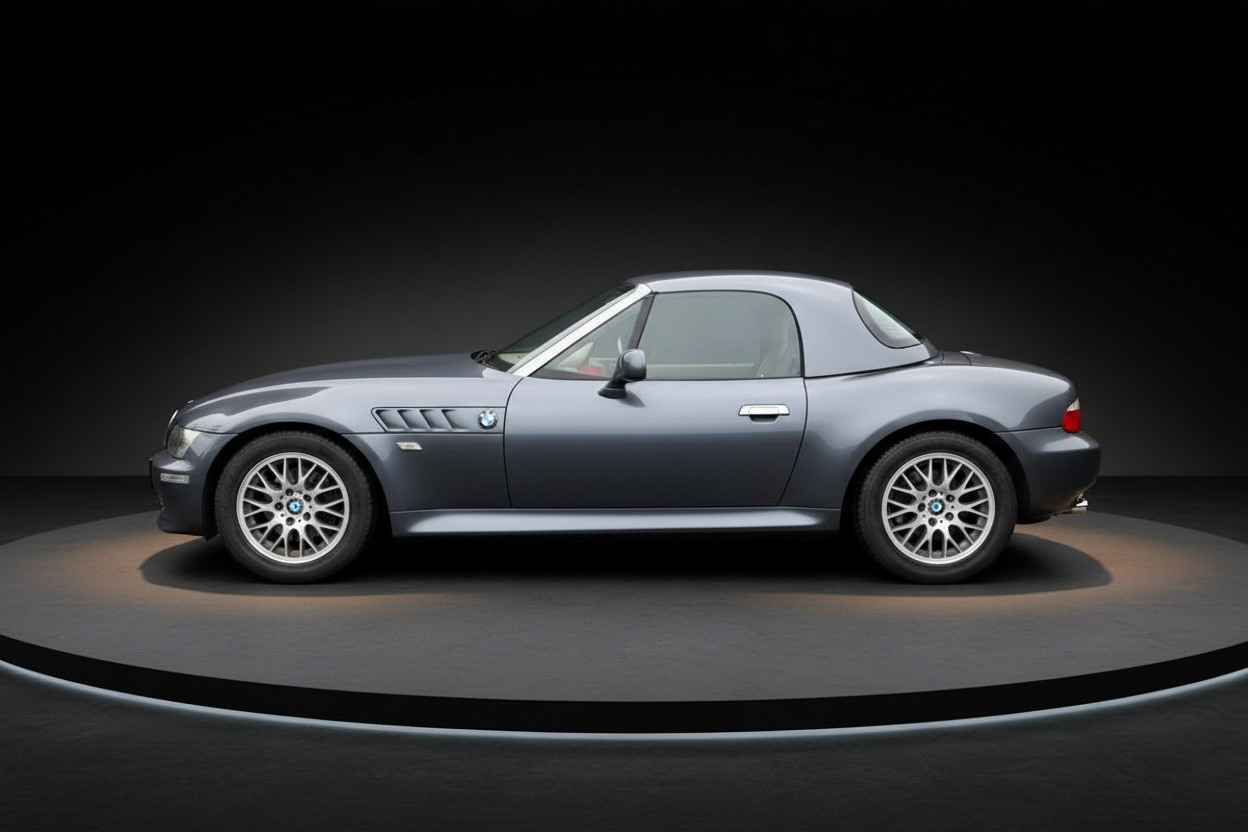 BMW Z3 Roadster in Stahlblau metallic, Seitenansicht, Hardtop, Sportfelgen