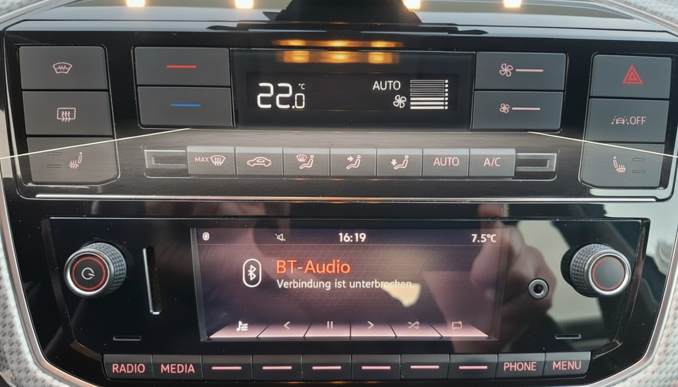 Volkswagen Klimaanlage und Infotainment-System Innenraum mit BT-Audio Anzeige bei 22 Grad