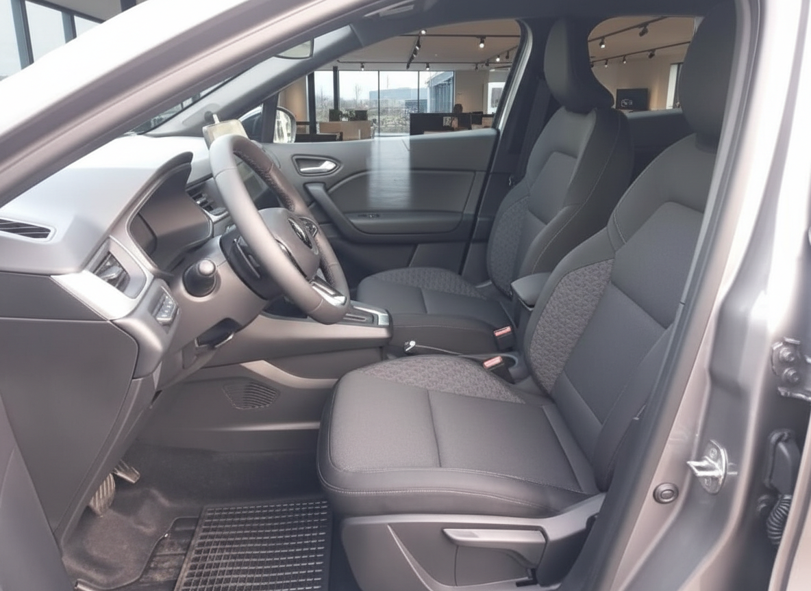 Renault Clio Innenraum mit schwarzen Stoffsitzen, Lenkrad und Mittelkonsole in modernem Autohaus