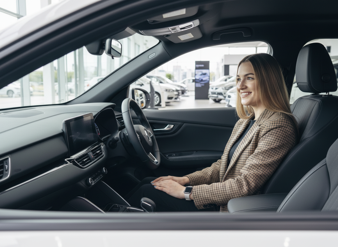 Frau sitzt lächelnd im Innenraum eines modernen Fahrzeugs in einem Autohaus
