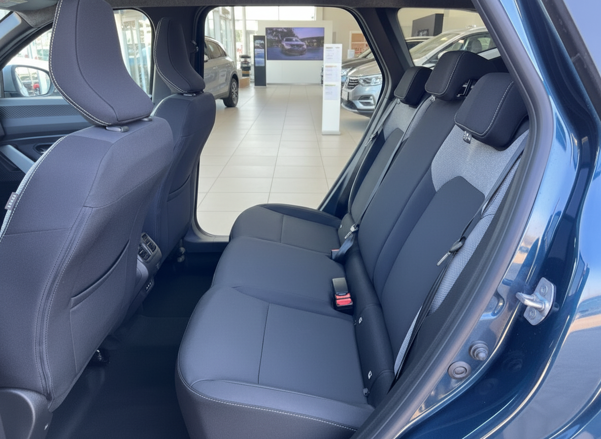 Innenraum Rücksitzbank eines blauen SUV im Autohaus – schwarze Stoffsitze