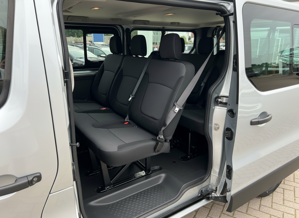 Silberner Minivan Innenraum mit schwarzen Sitzen und geöffneter Schiebetür