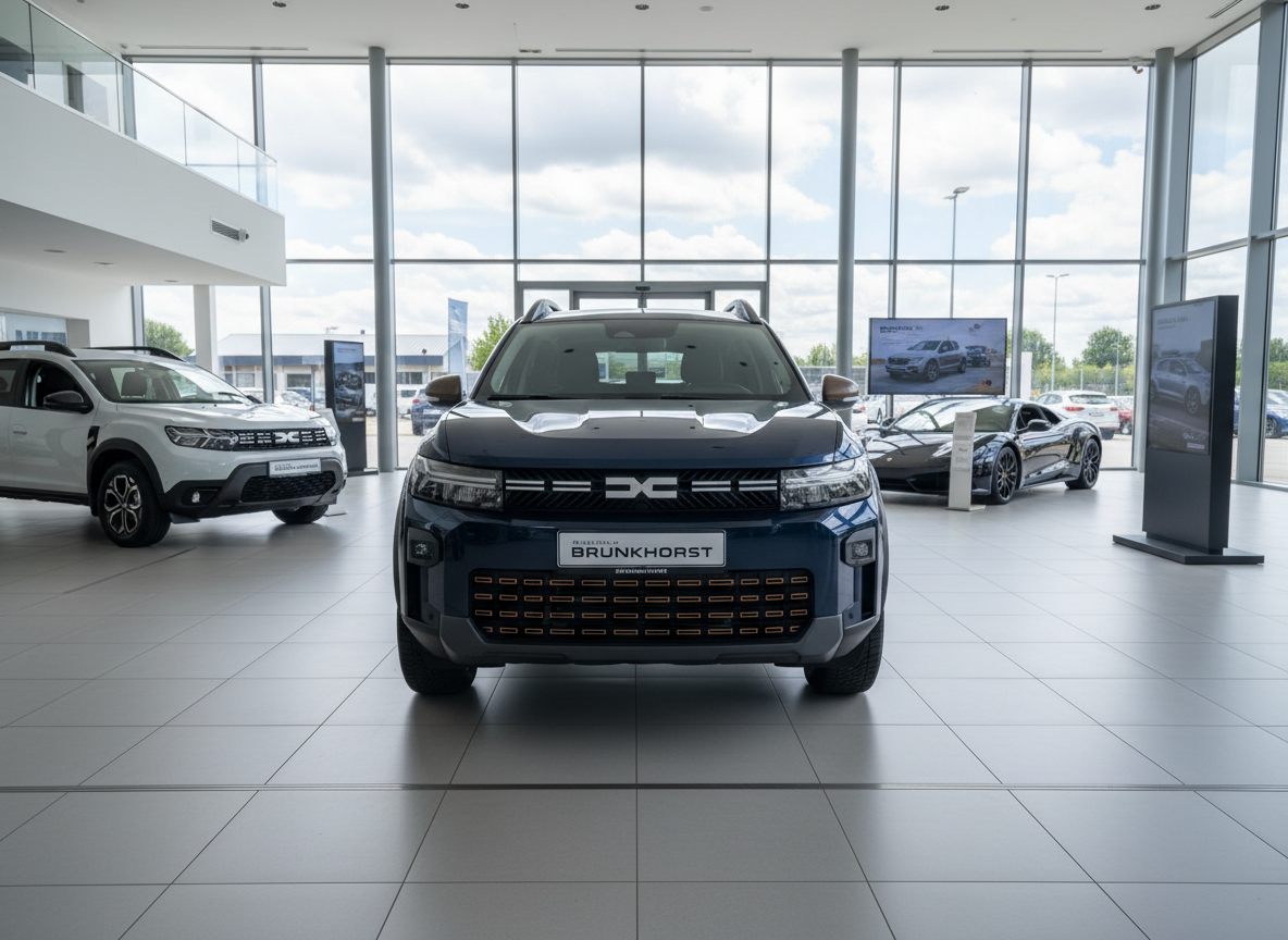 Dacia Duster SUV in Dunkelblau Frontansicht im Autohaus Brunkhorst Showroom
