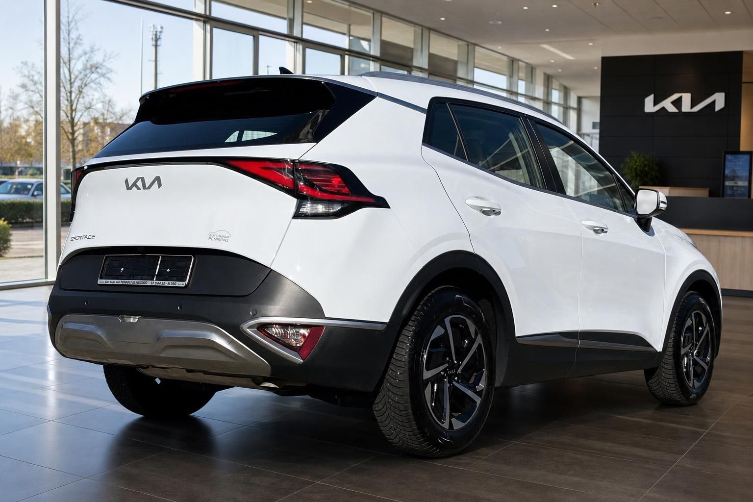 Kia Sportage weiß Heckansicht seitlich im Autohaus Showroom