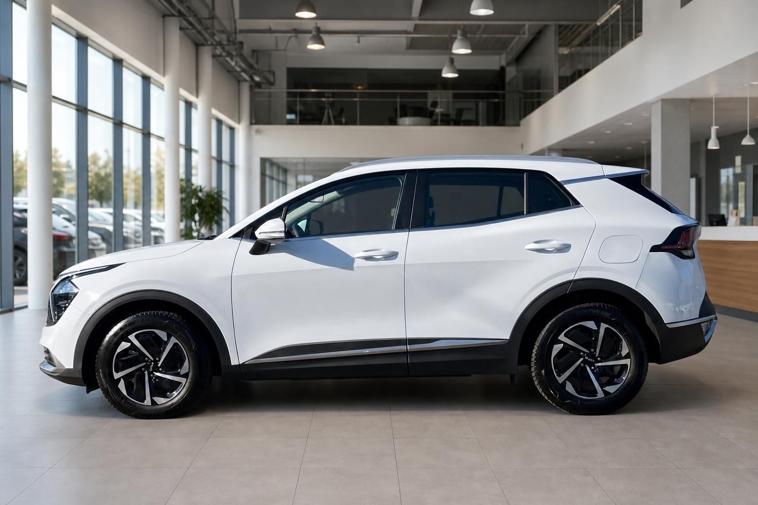 Kia Sportage weiß Seitenansicht im Autohaus Showroom
