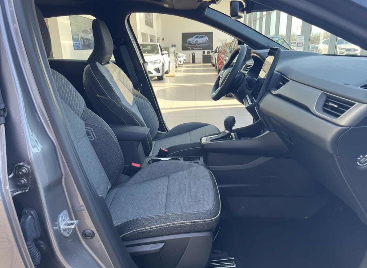 Innenraum eines grauen SUV mit schwarzen Stoffsitzen und Mittelkonsole im Autohaus