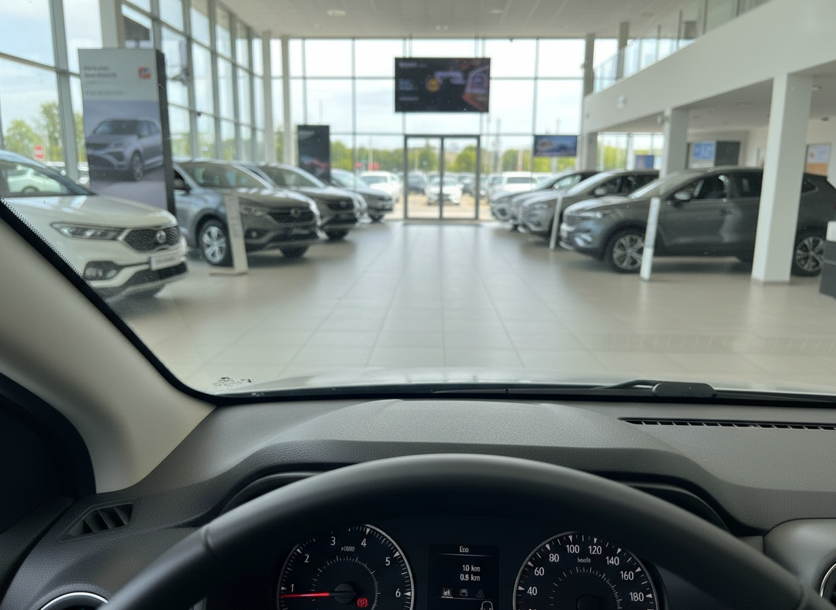 Innenraum-Perspektive aus Fahrzeug-Cockpit in Autohaus-Showroom mit mehreren Neuwagen