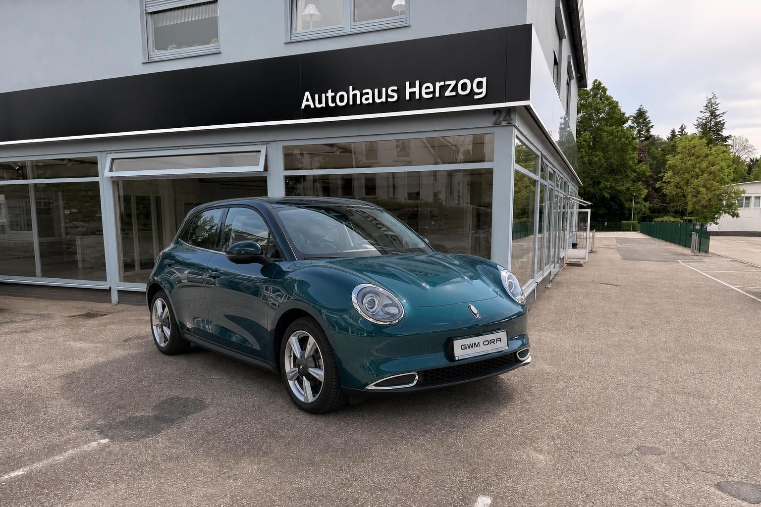 GWM Ora grün metallic Frontansicht schräg vor Autohaus Herzog
