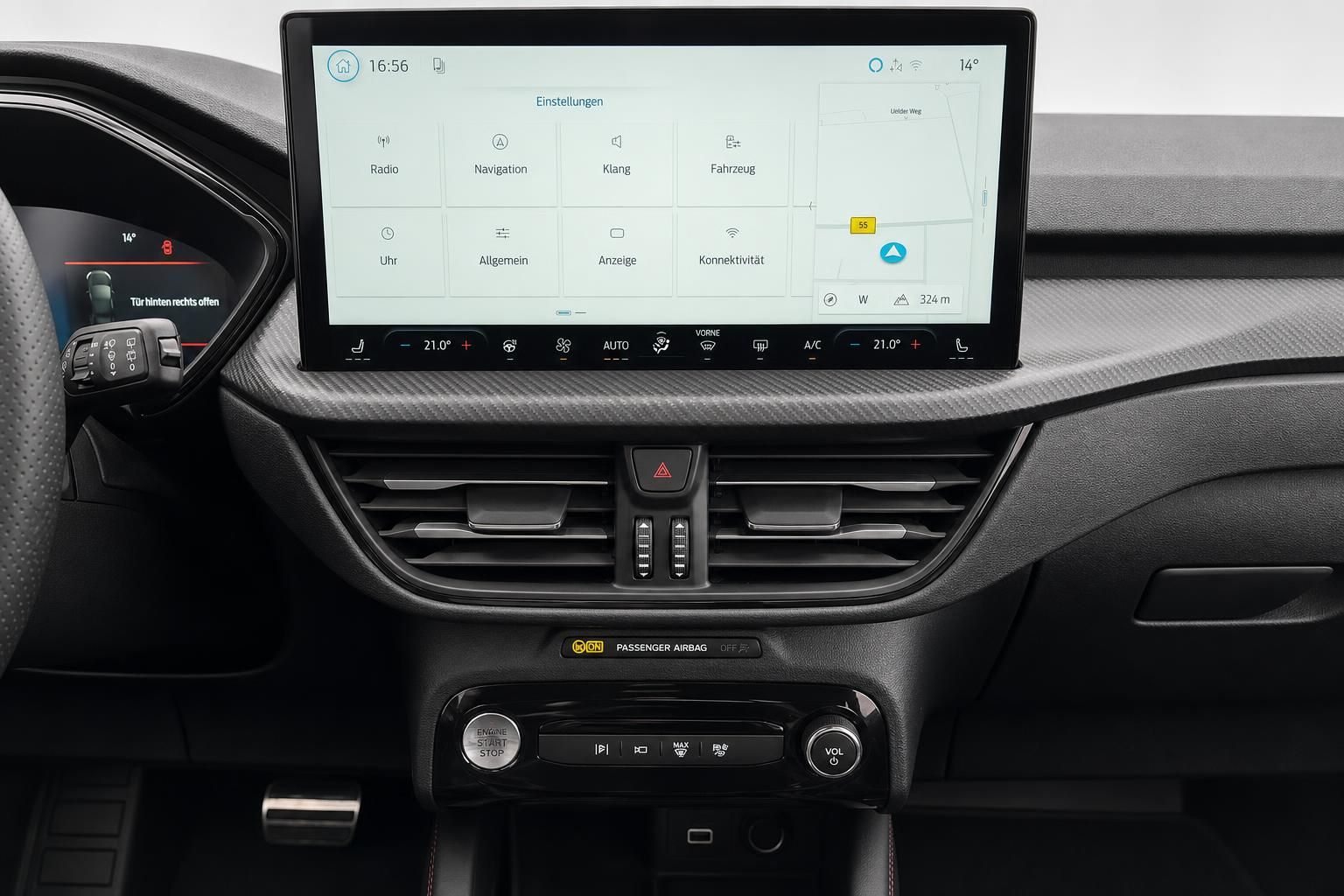 Ford Infotainment-Display mit Navigation und Klimaeinstellungen im Detail