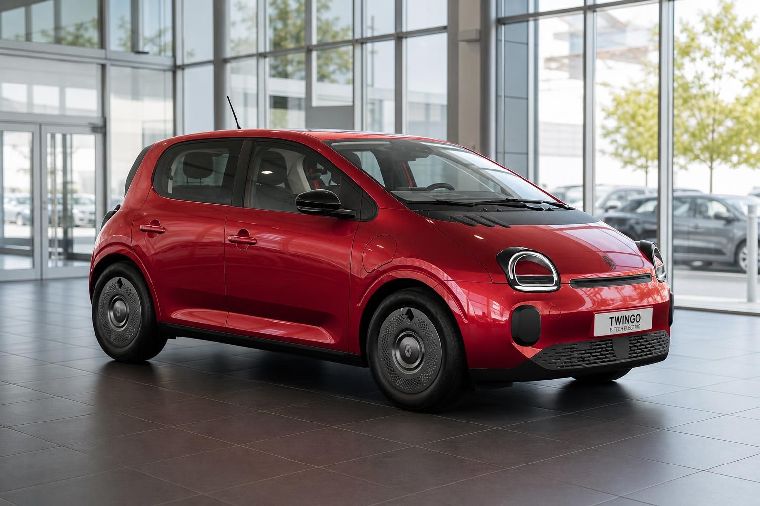 Roter Renault Twingo E-Tech Electric Frontansicht im Showroom