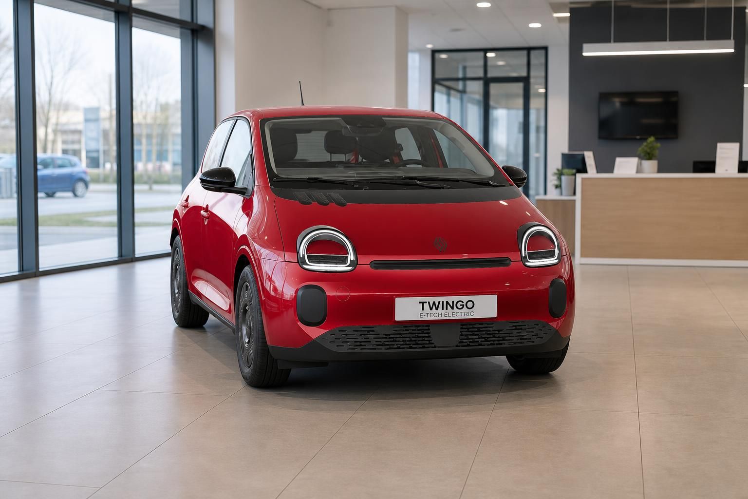 Renault Twingo E-Tech Electric in Rot, Frontansicht im Autohaus