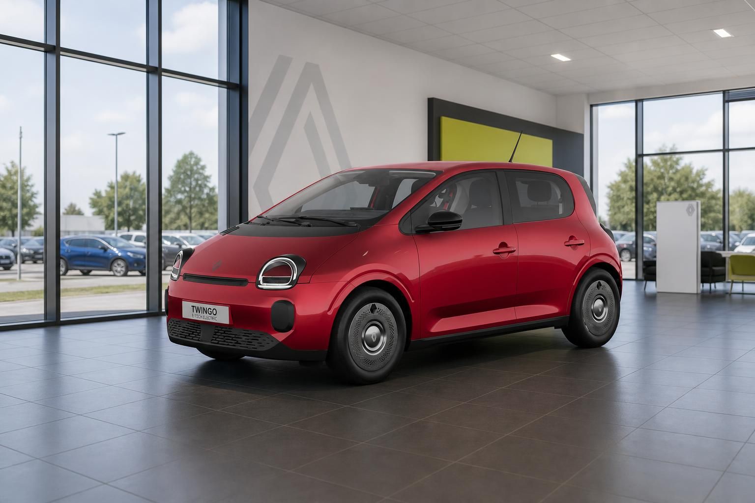 Roter Renault Twingo E-Tech Electric in moderner Autohaus-Ausstellung