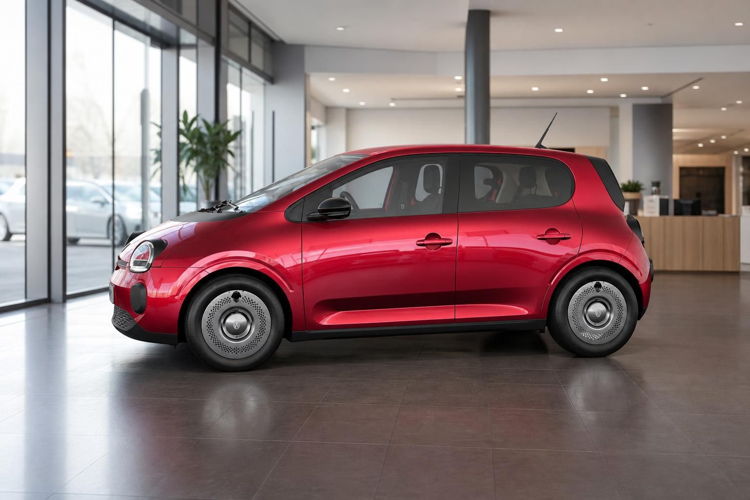 Renault Twingo E-Tech Electric rot, Seitenansicht im Autohaus