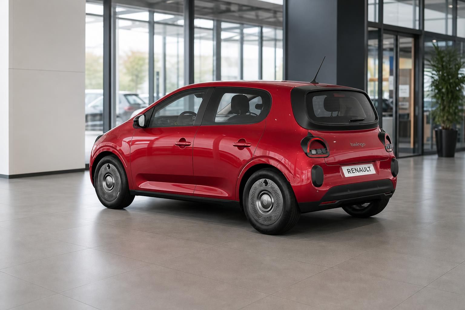 Renault Twingo rot, Heckansicht schraeg im Autohaus-Showroom