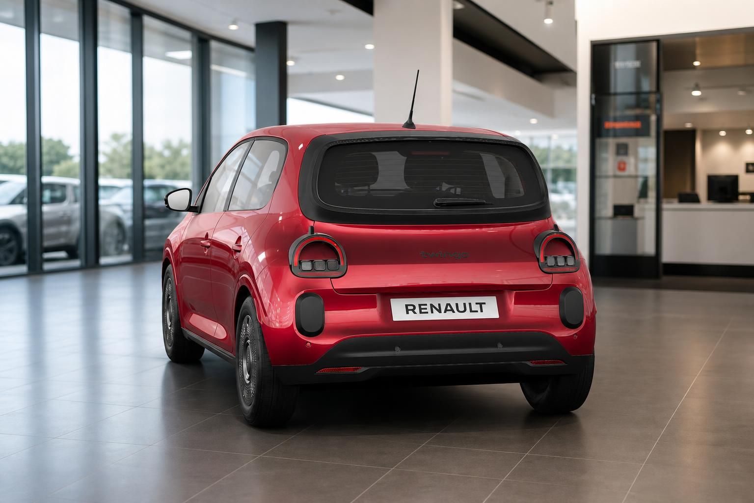Renault Twingo rot, Heckansicht mit Kennzeichenhalter im Autohaus