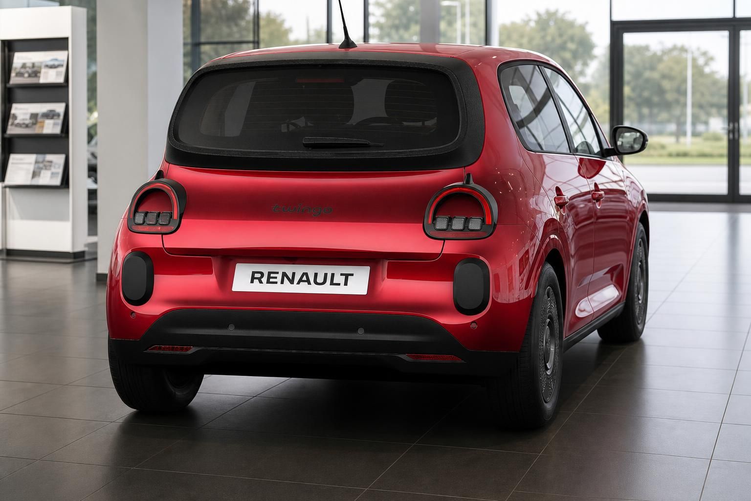 Roter Renault Twingo Heckansicht mit Rundleuchten im Autohaus