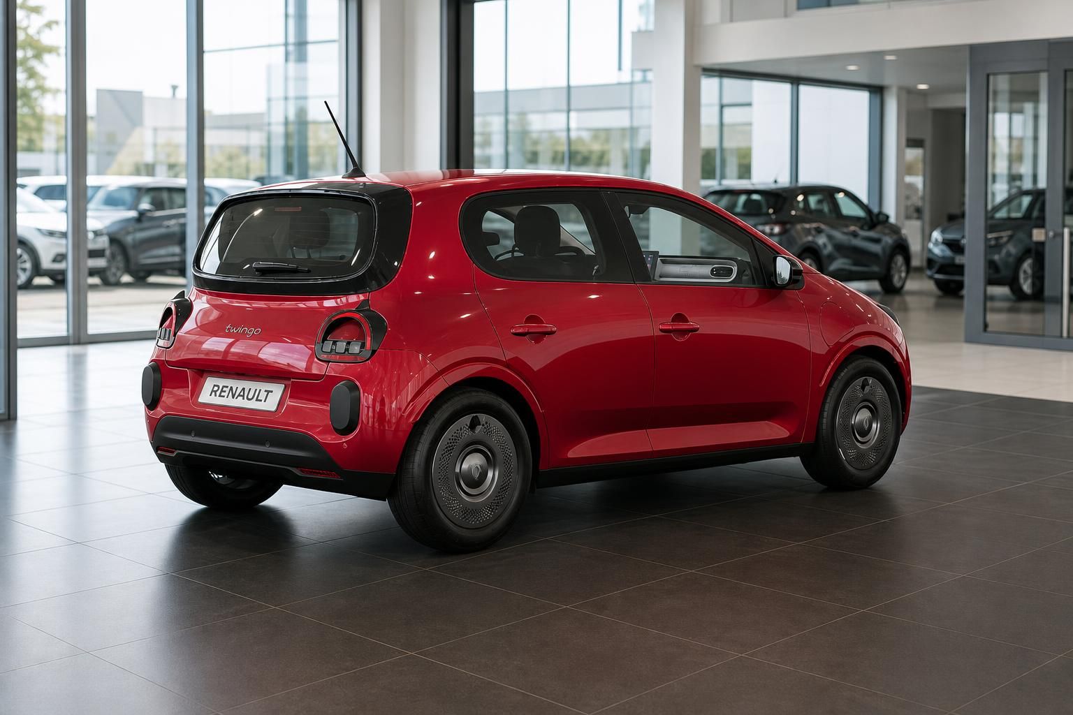 Roter Renault Twingo Heckansicht seitlich im Autohaus Showroom