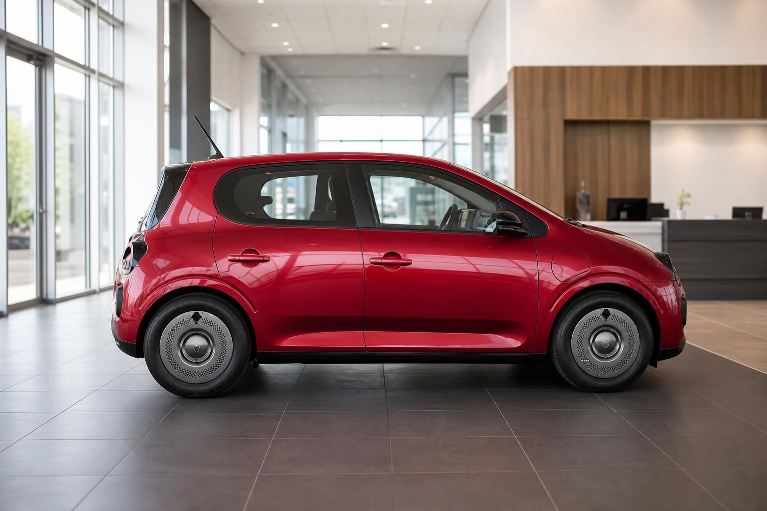 Roter Renault Twingo Seitenansicht in Autohaus Empfangsbereich