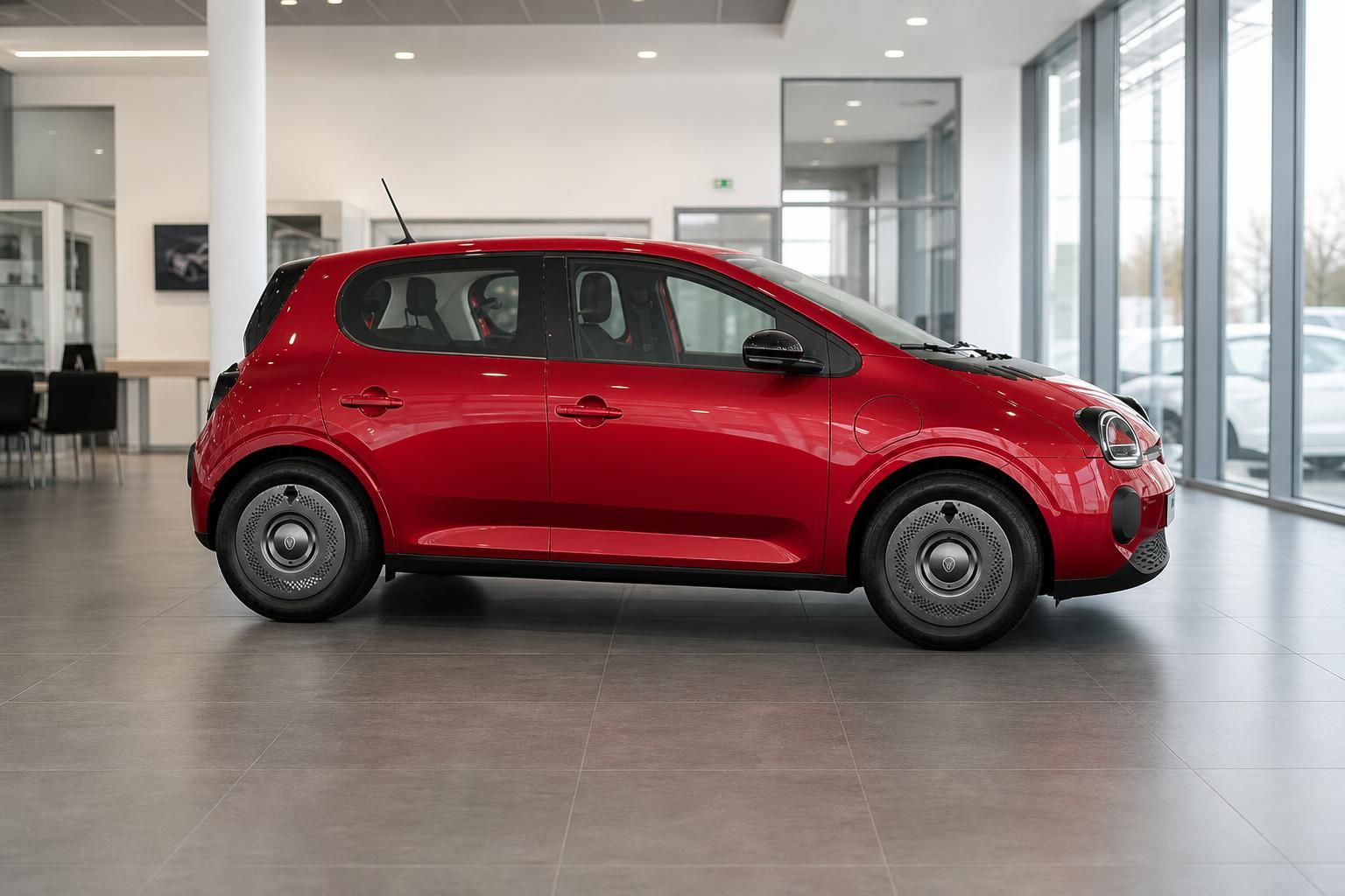 Roter Renault Twingo Seitenansicht im modernen Autohaus Showroom