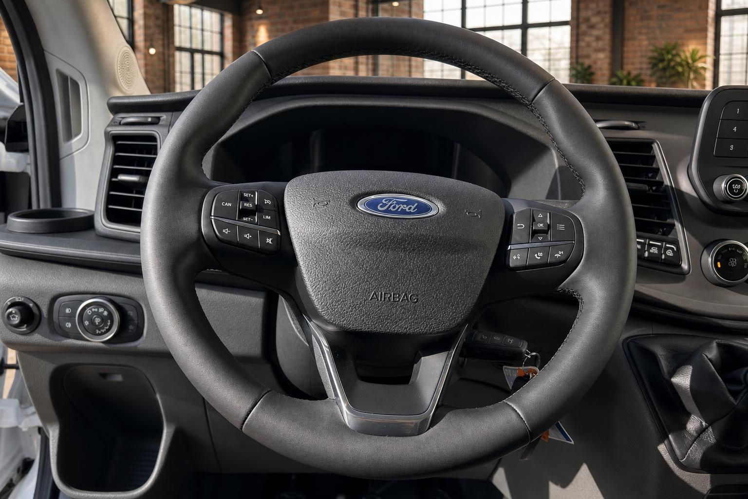 Ford Transit Lenkrad Nahaufnahme mit Multifunktionstasten und Ford-Logo Airbag