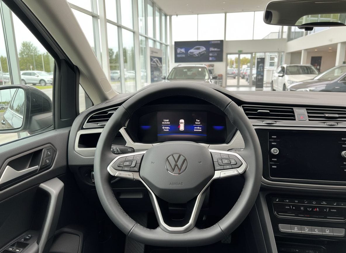 Volkswagen Tiguan Innenraum mit Lederlenkrad und digitalem Cockpit im VW-Autohaus