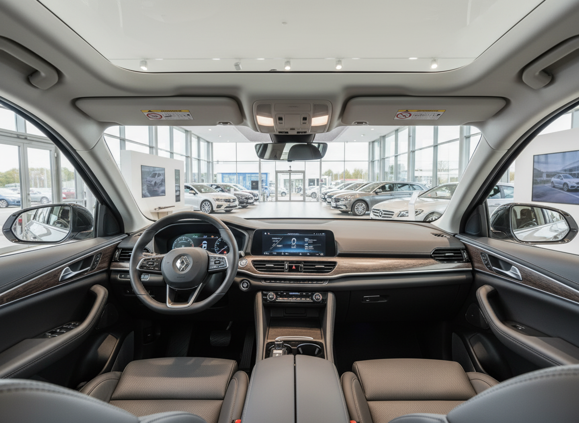 Renault SUV Innenraum mit Holzdekor, digitalem Cockpit und Infotainment-Display im Autohaus