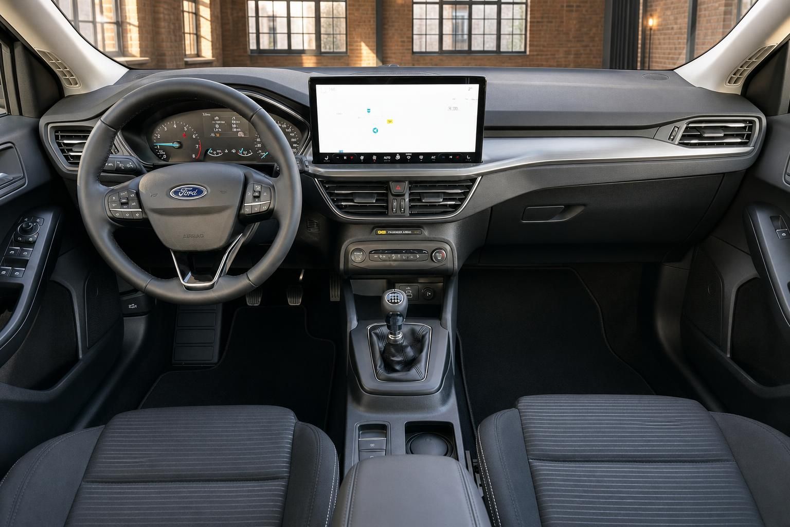 Ford Cockpit Frontansicht mit Lenkrad und Infotainment Display