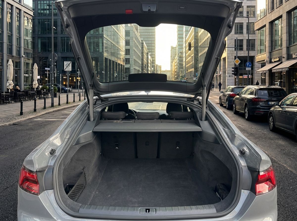 Geräumiger Kofferraum eines grauen Audi A5 Sportback mit umklappbaren Rücksitzen, Gepäcknetz und Laderaum-Abdeckung im Autohaus-Showroom