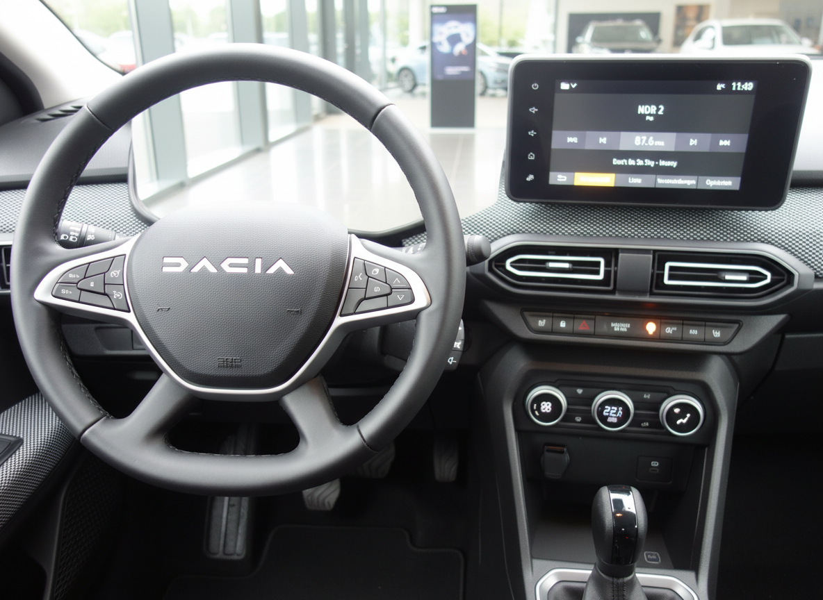 Dacia Innenraum mit Lenkrad, Touchscreen-Infotainment und Klimaanlage – modernes Cockpit