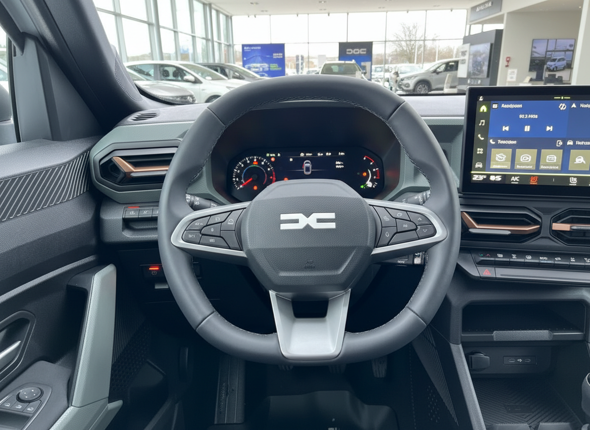 Dacia Innenraum mit Lenkrad, digitalem Cockpit und Touchscreen-Infotainment im Autohaus
