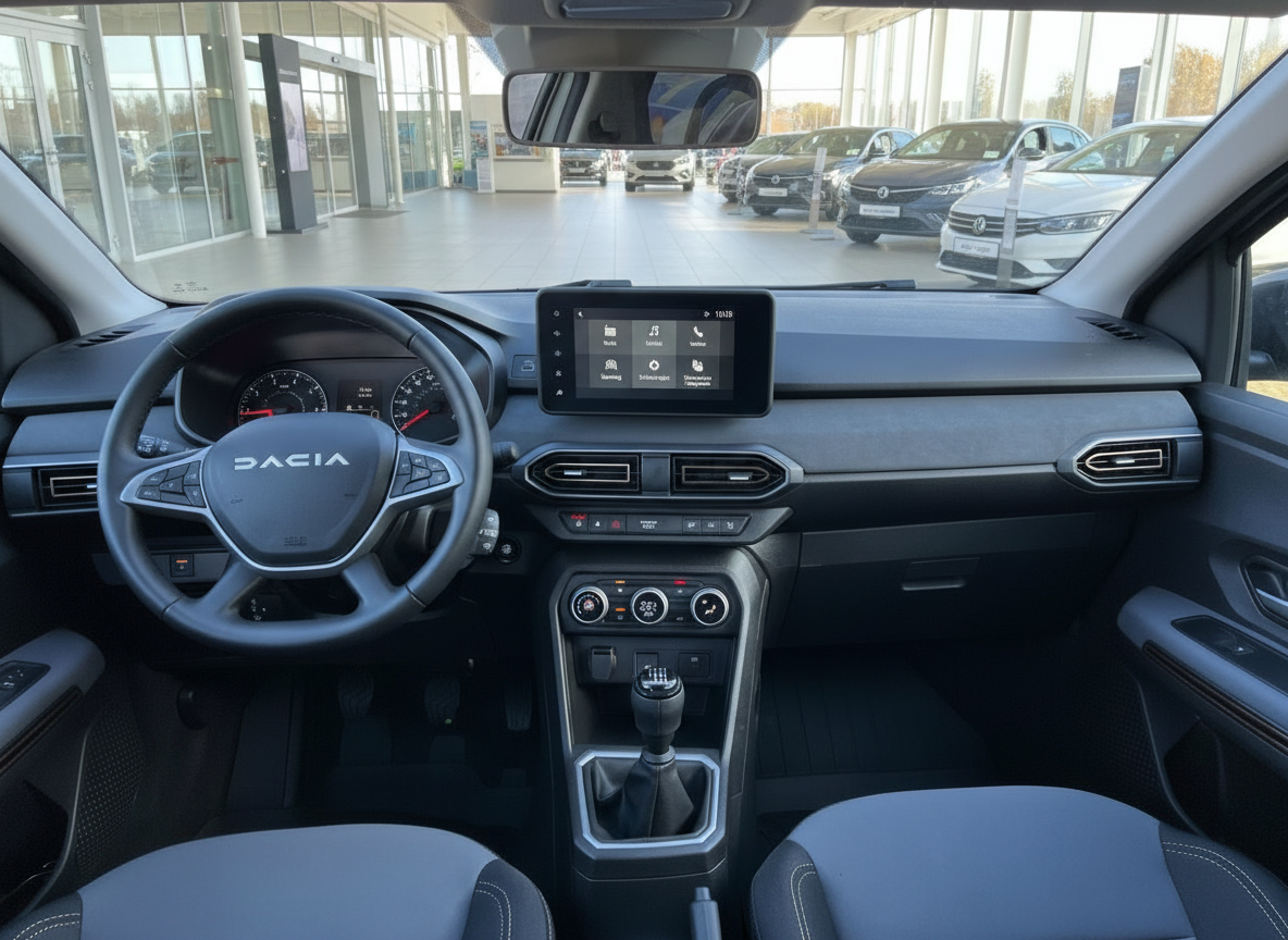 Dacia Innenraum Cockpit mit Lenkrad, Infotainment-Display und Schaltgetriebe im Autohaus