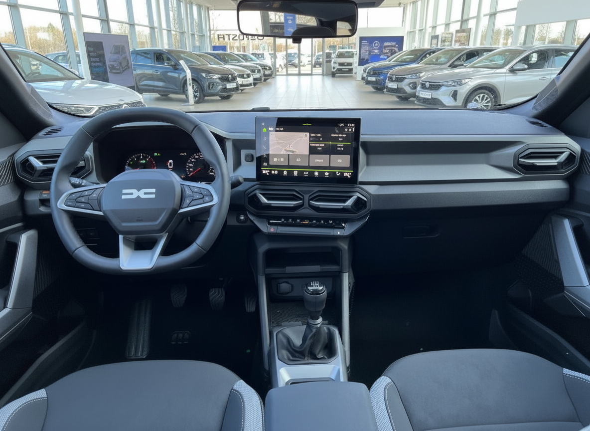 Dacia Innenraum mit Touchscreen-Navigation, Lederlenkrad und Schaltgetriebe im Autohaus