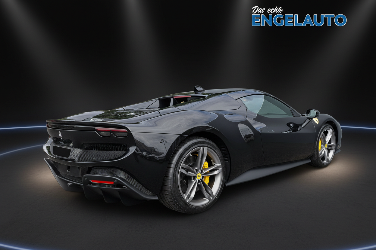 Ferrari 296 GTB in Schwarz mit gelben Bremssätteln - Heckansicht des italienischen Plug-in-Hybrid-Supersportwagens im Showroom bei Engelauto