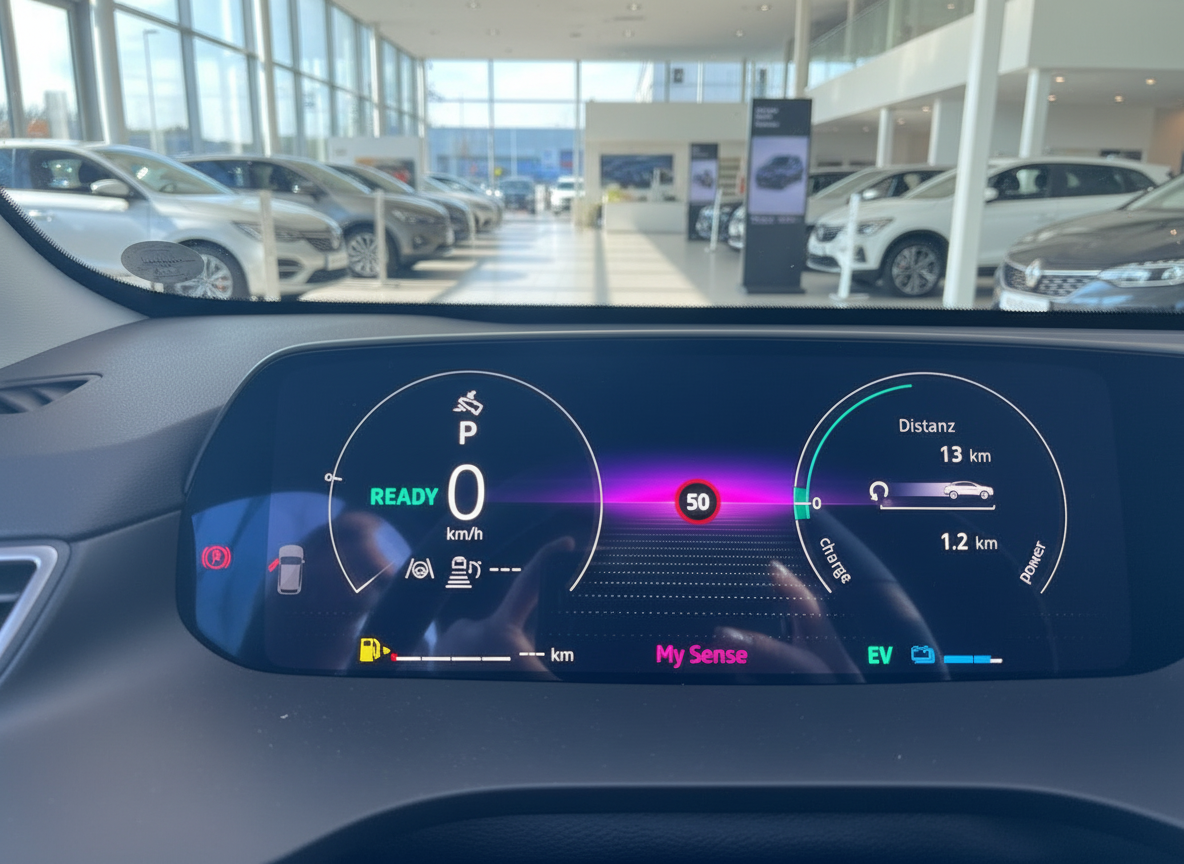 Renault Hybid Fahrzeug Kombiinstrument Digital Cockpit mit READY-Anzeige im Autohaus