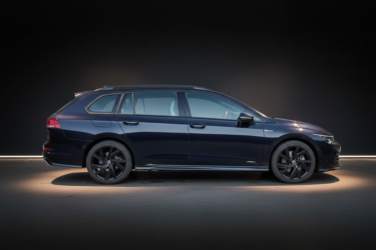 Volkswagen Golf Variant Kombi in Dunkelblau, Seitenansicht auf dunklem Studiohintergrund