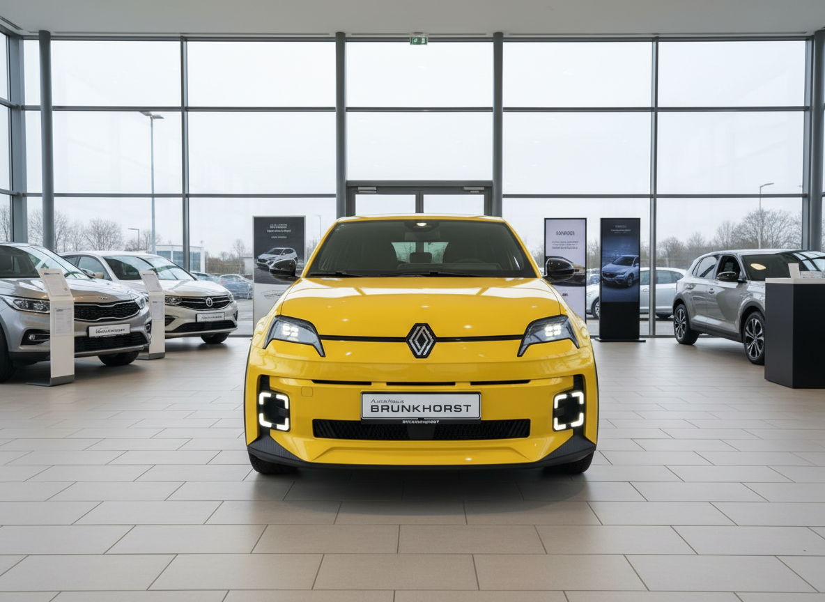 Gelber Renault 5 E-Tech Frontansicht im Autohaus Brunkhorst Showroom