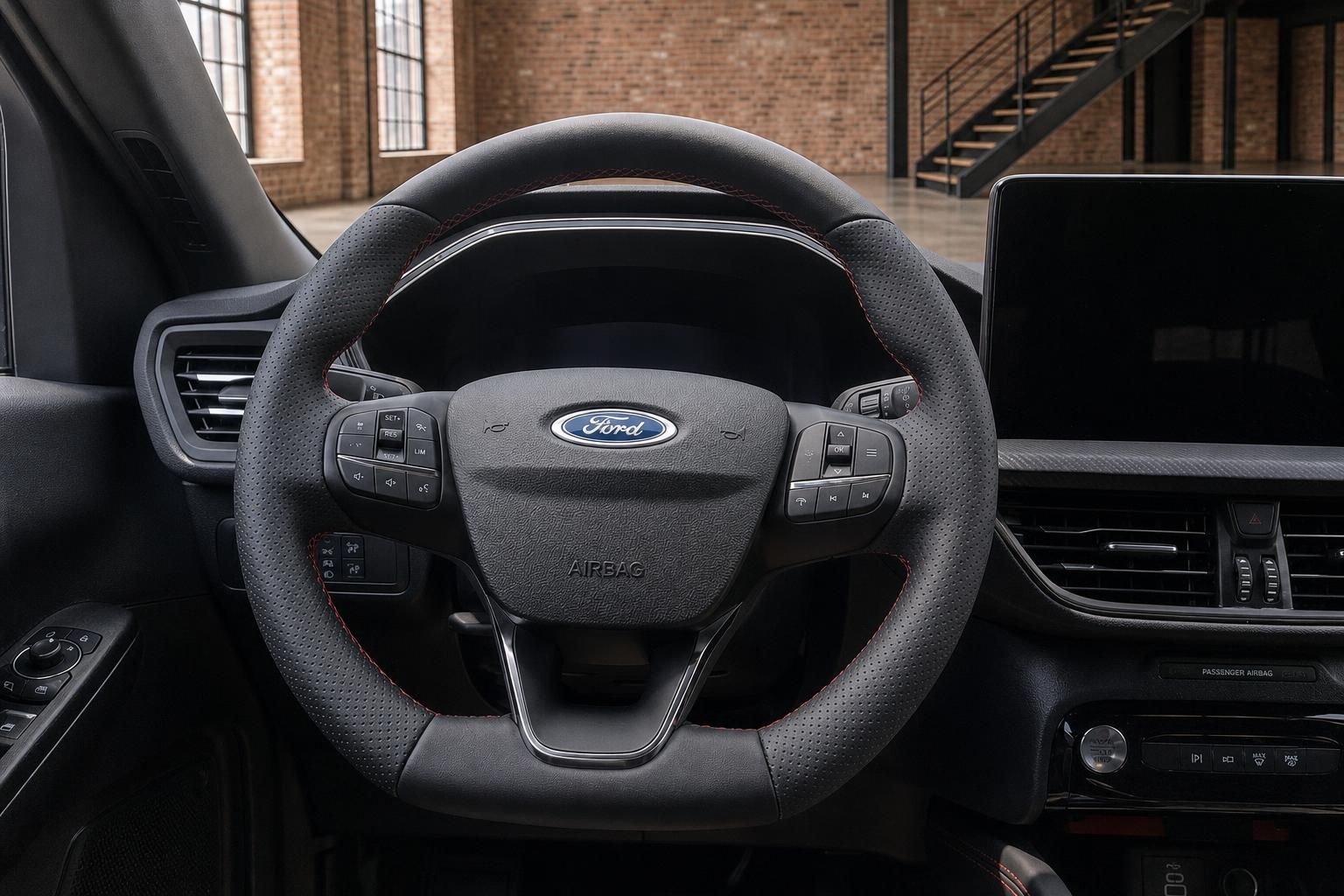 Ford Lenkrad Nahaufnahme mit Multifunktionstasten und Logo