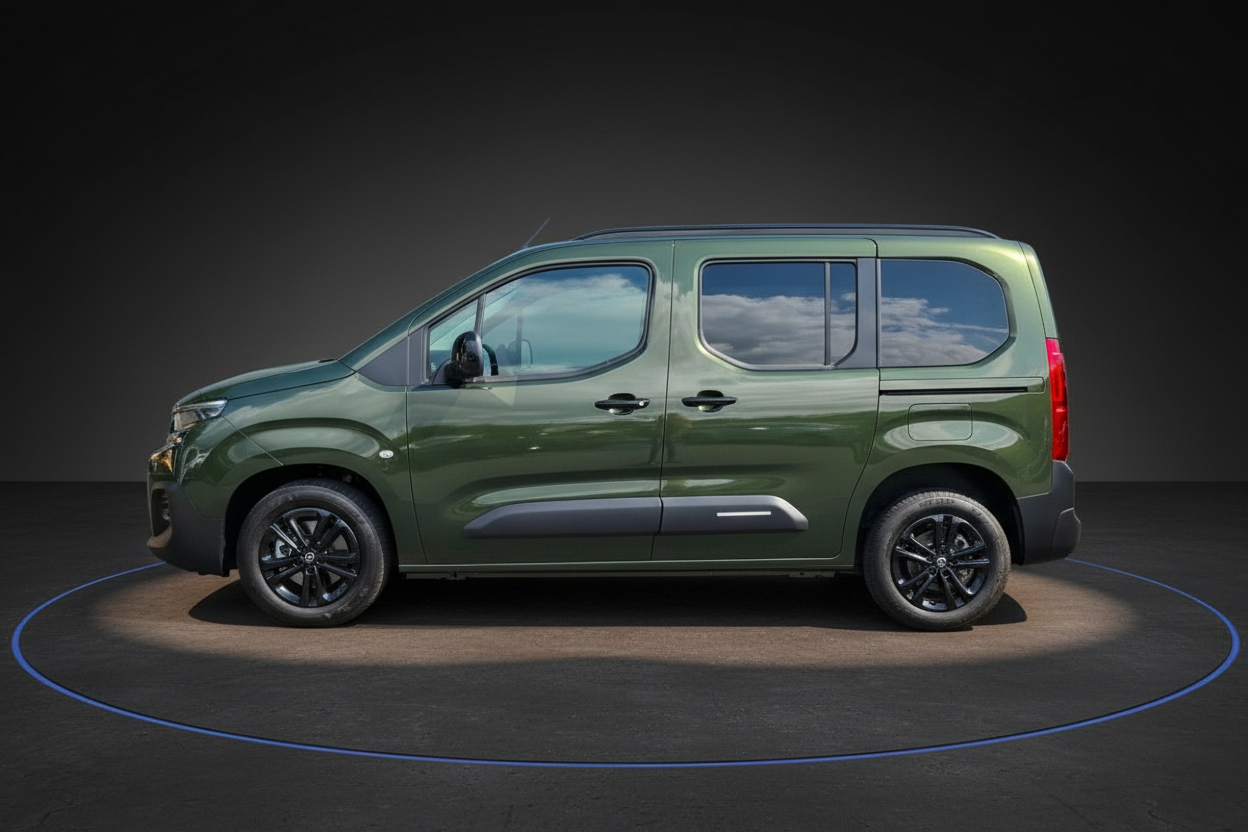 Opel Combo Life in Olivgrün, Seitenansicht auf dunklem Studiohintergrund